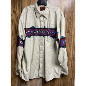 VTG Rustler by Wrangler Brushpopper Mens 2XT Pearl Snap Shirt Aztec Cowboy Tan